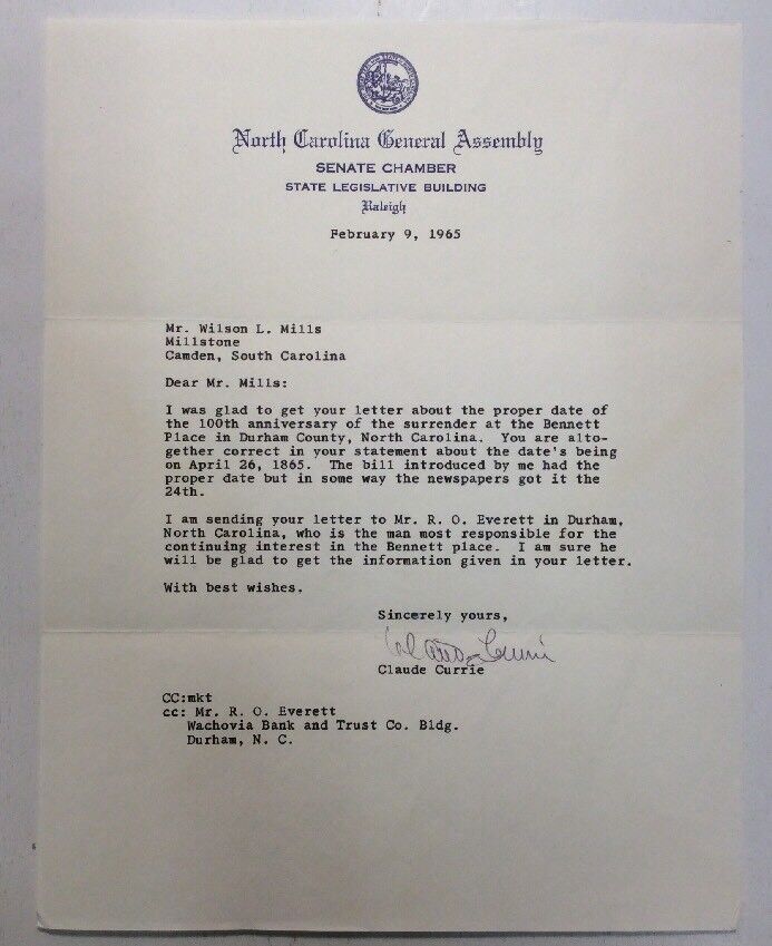North Carolina General Assembly Senate Chamber Letter Clause Currie Wilson Mills