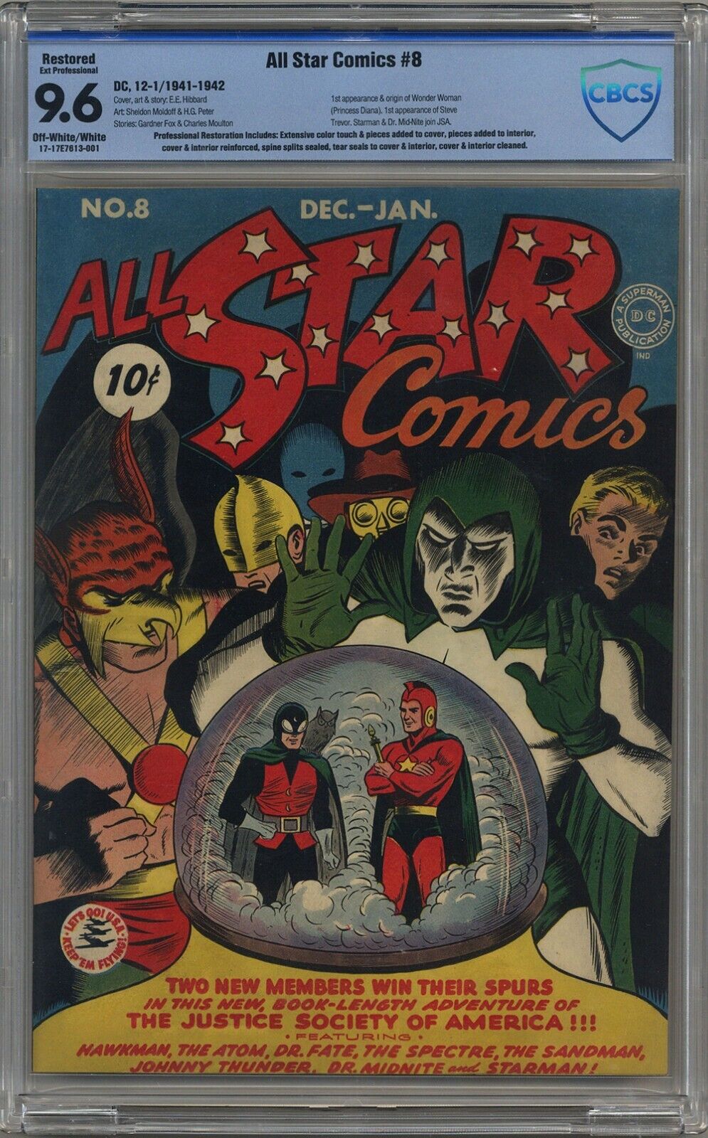 ALL STAR COMICS #8 CBCS 9.6 RESTORED 1ST APP.  WONDER WOMAN OW-WHT PAGES DC 1942