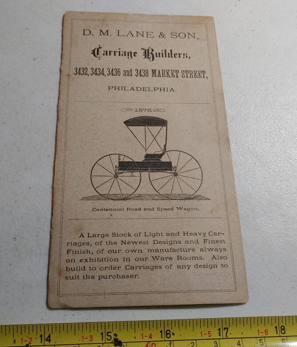 Vintage 1876 D. M. Lane & Son Carriage Builders Philadelphia Cardstock Brochure