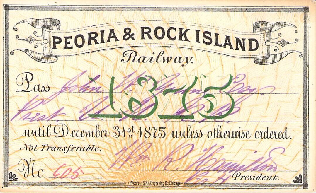 1875 ROCK ISLAND PEORIA MORMON YOUNG UTAH NORTH LOW # 605 RAILROAD RAILWAY PASS