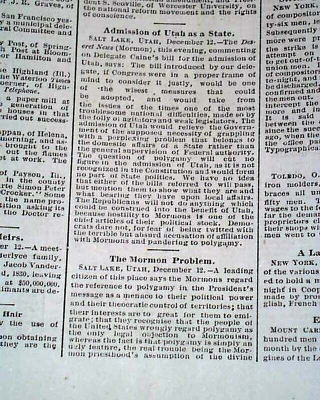 MORMONS Mormonism Utah Statehood Admission ? & Polygamy Matter 1883 Newspaper