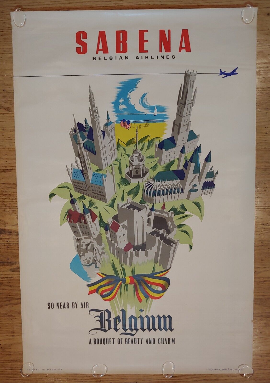 ORIGINAL 1950's SABENA Belgian Airlines Large Travel Poster (Belgium Landmarks) 