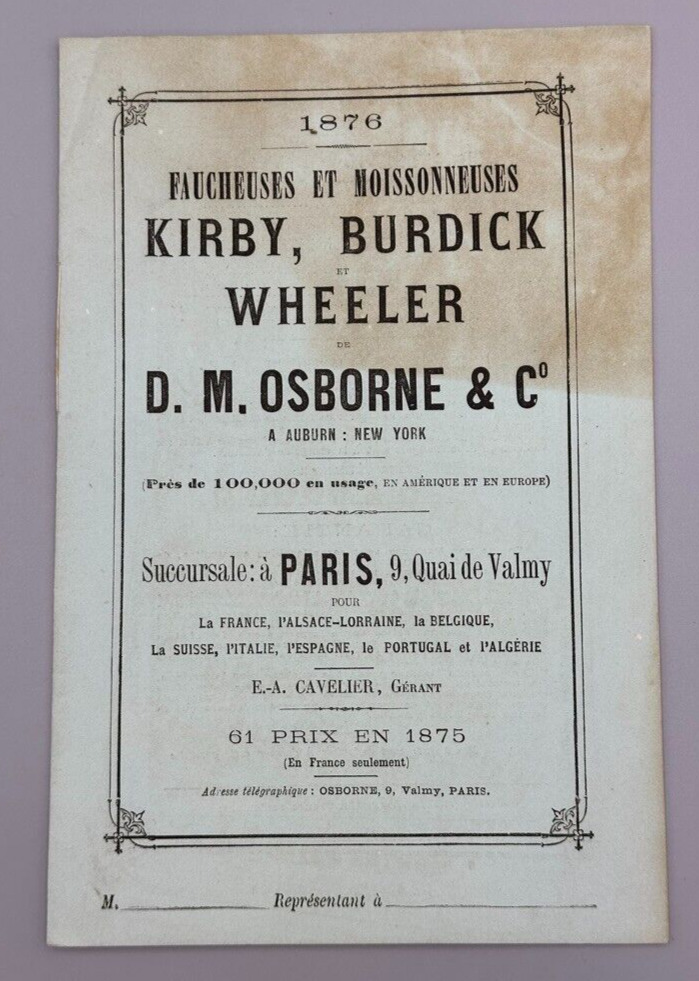 1876 DM OSBORNE Farm MOWER Harvester ADVERTISING French Catalog Antque AUBURN NY