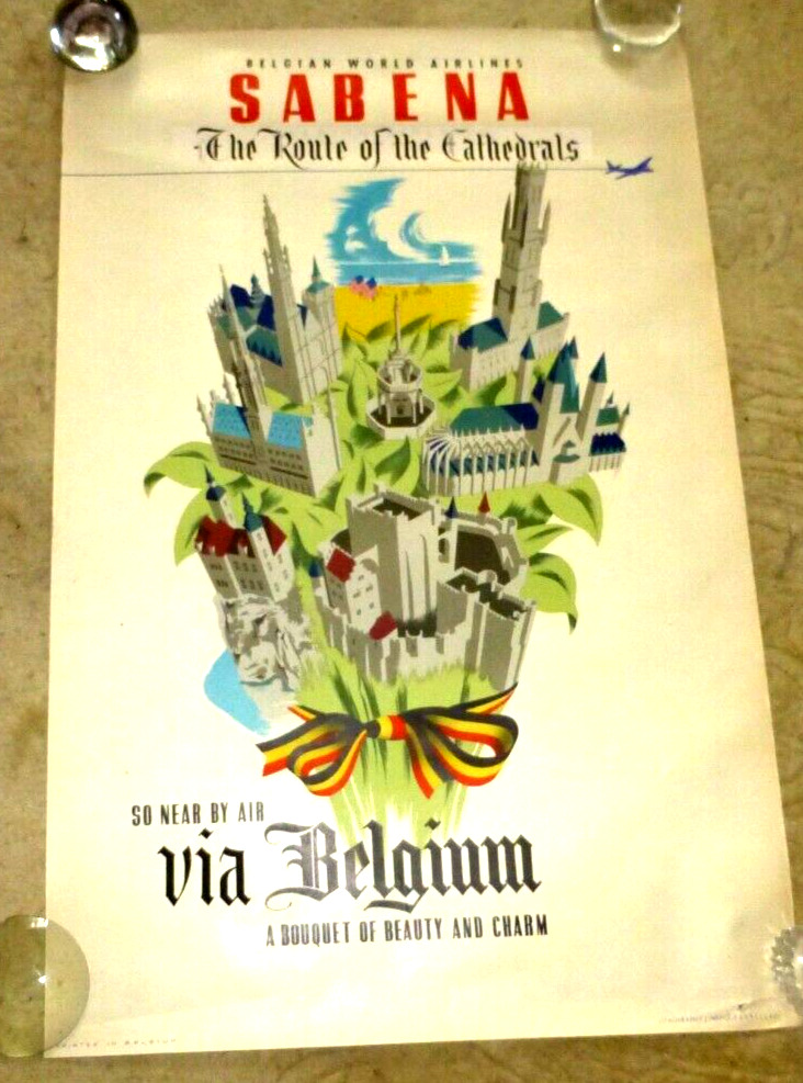 VINTAGE LOVELY ILLUSTRATED POSTER BELGIAN WORLD AIRLINES SABENA BELGIUM 1950\'s