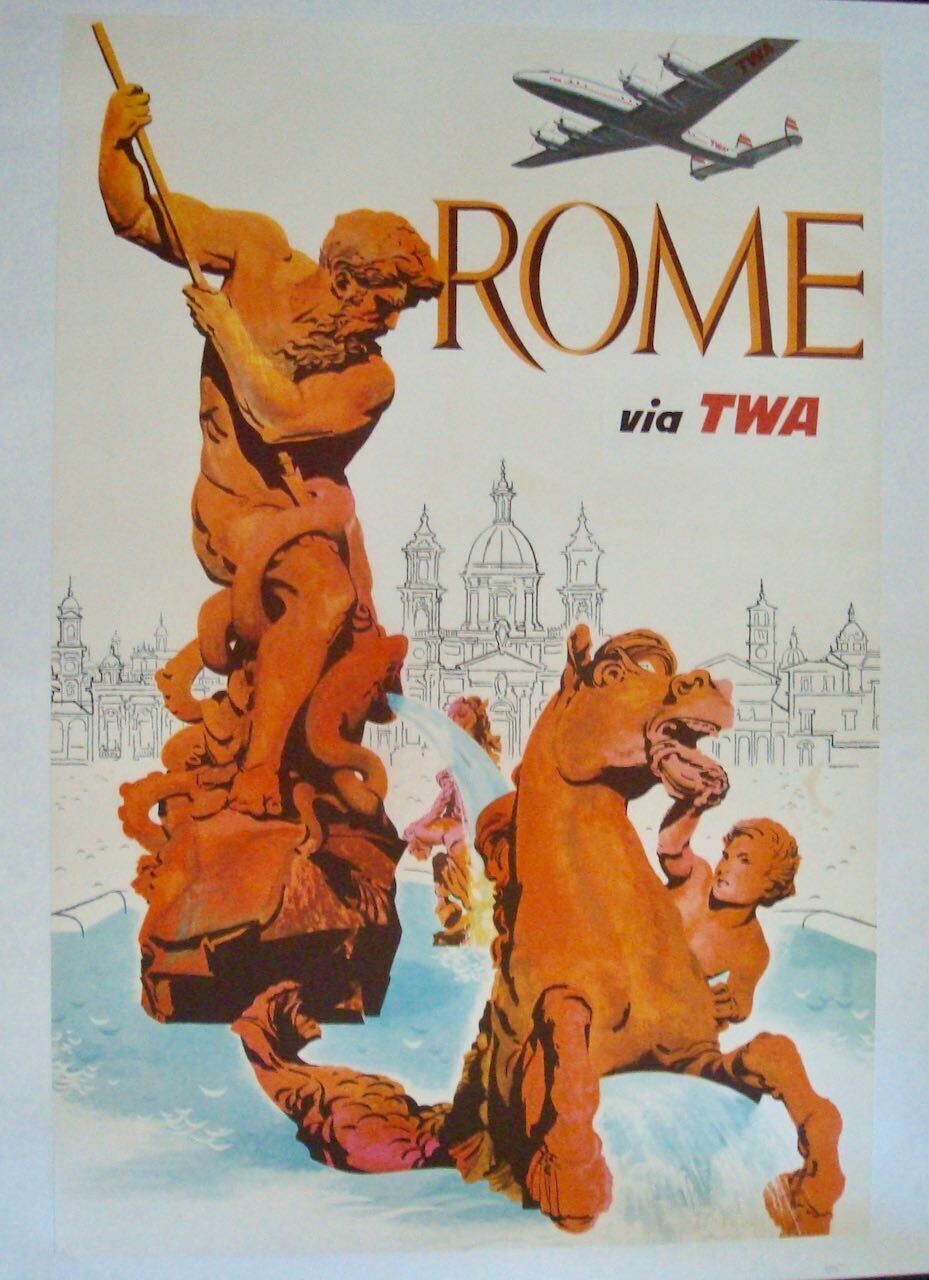 TWA ROME ITALY Vintage 1958 Travel Airlines poster David Klein 25x40 LINEN NM