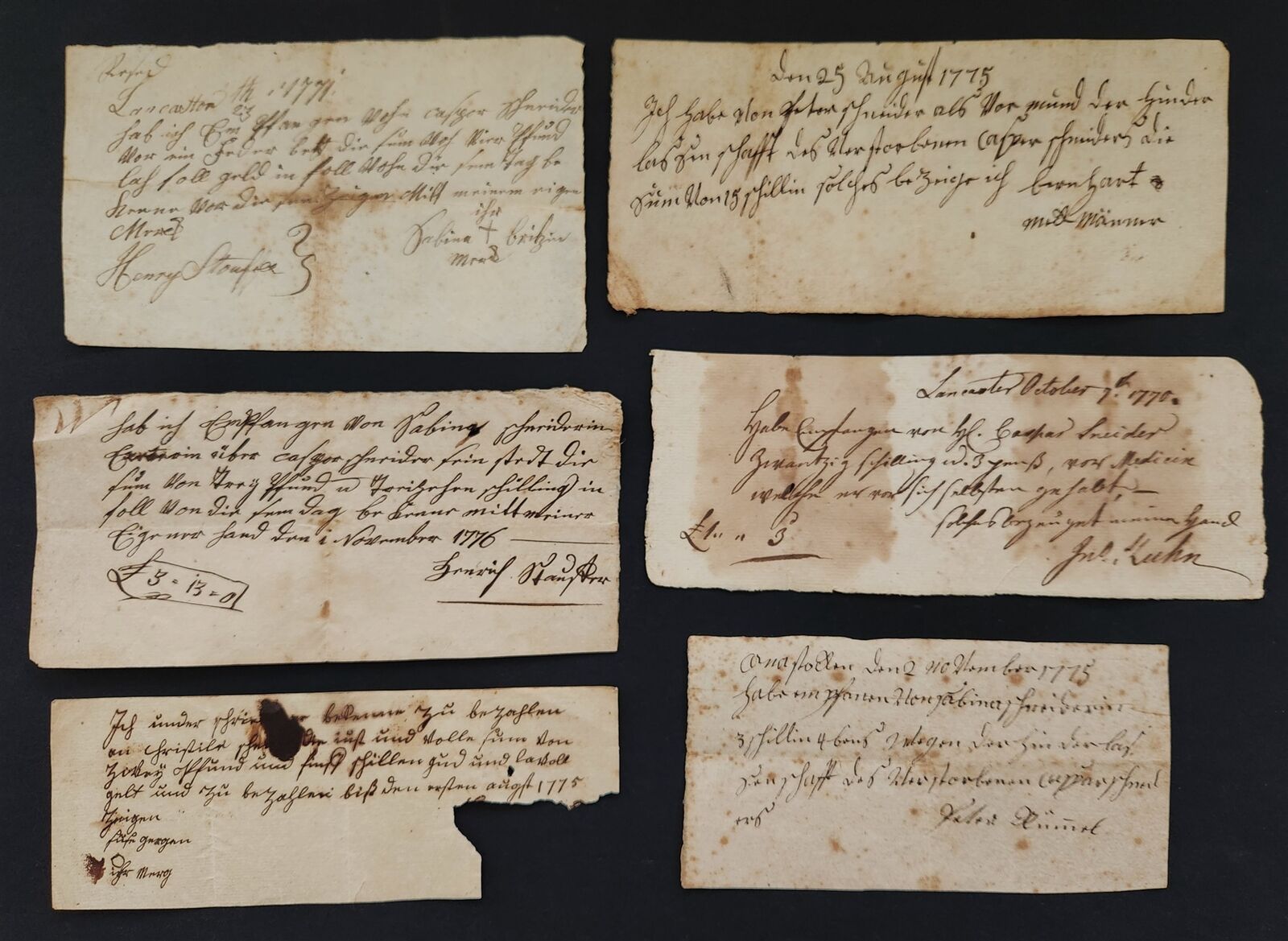 1770s antique HENRY STAUFFER earl township pa 6pc handwritten RECEIPTS german