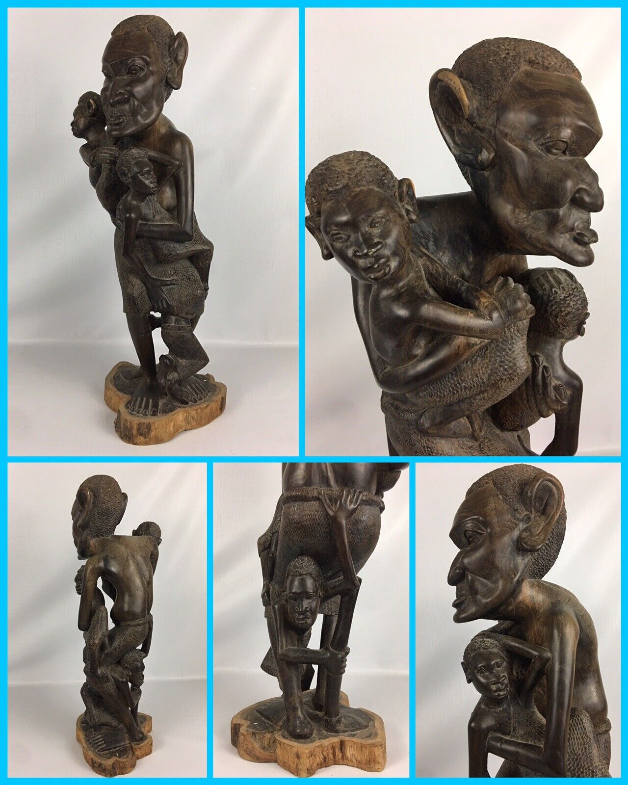 Authentic Hand Carved AFRICAN Ebony Wood Tribal Statue FATHER’S LOVE - Stunning