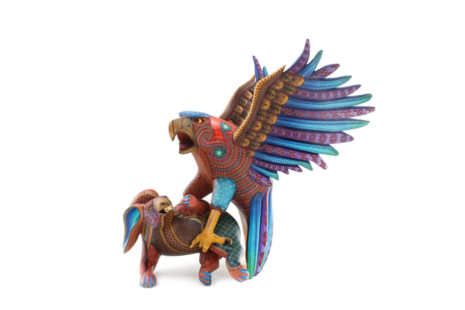 Oaxaca Alebrije Eagle hunting rabbit 30 in Hand painted wood carving mexican art