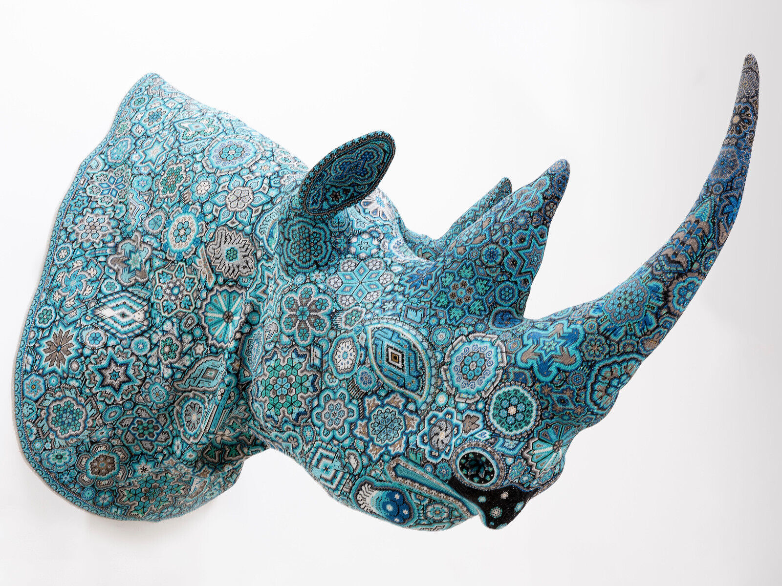 Huichol Art Sculpture Rhinoceros Head Hikuri 4.5 ft. | Beads on epoxy artwork