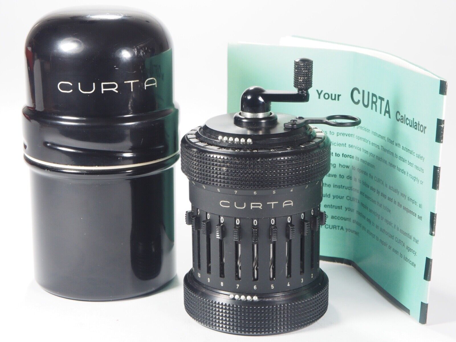 Curta Calculator 1955 all black Type 2 all metal, w/can 3 manuals fully serviced