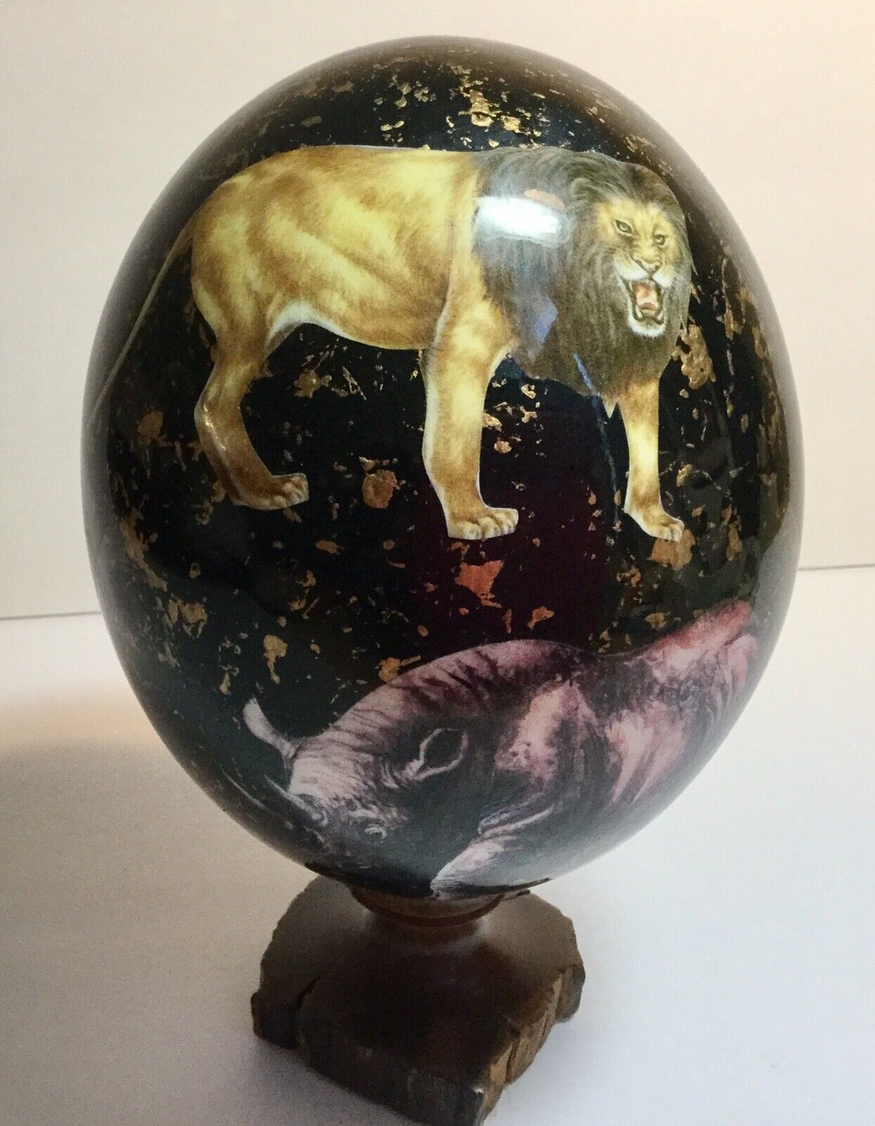 Decoupage Ostrich Egg on Wood Stand Wild Animals Gold Glitter Art Sculpture 