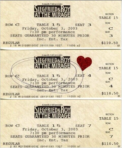 FINAL SHOW Siegfried and Roy Oct 3 2003 Mirage Las Vegas Tickets & Memorabilia