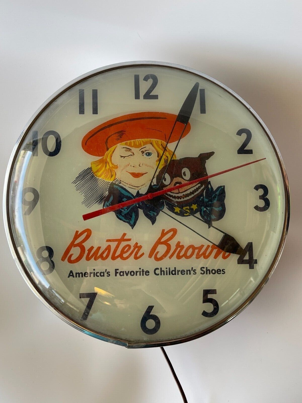 Buster Brown Wall Clock, Vintage, Rare, Pam Bulb Electric Clock circa April 1955