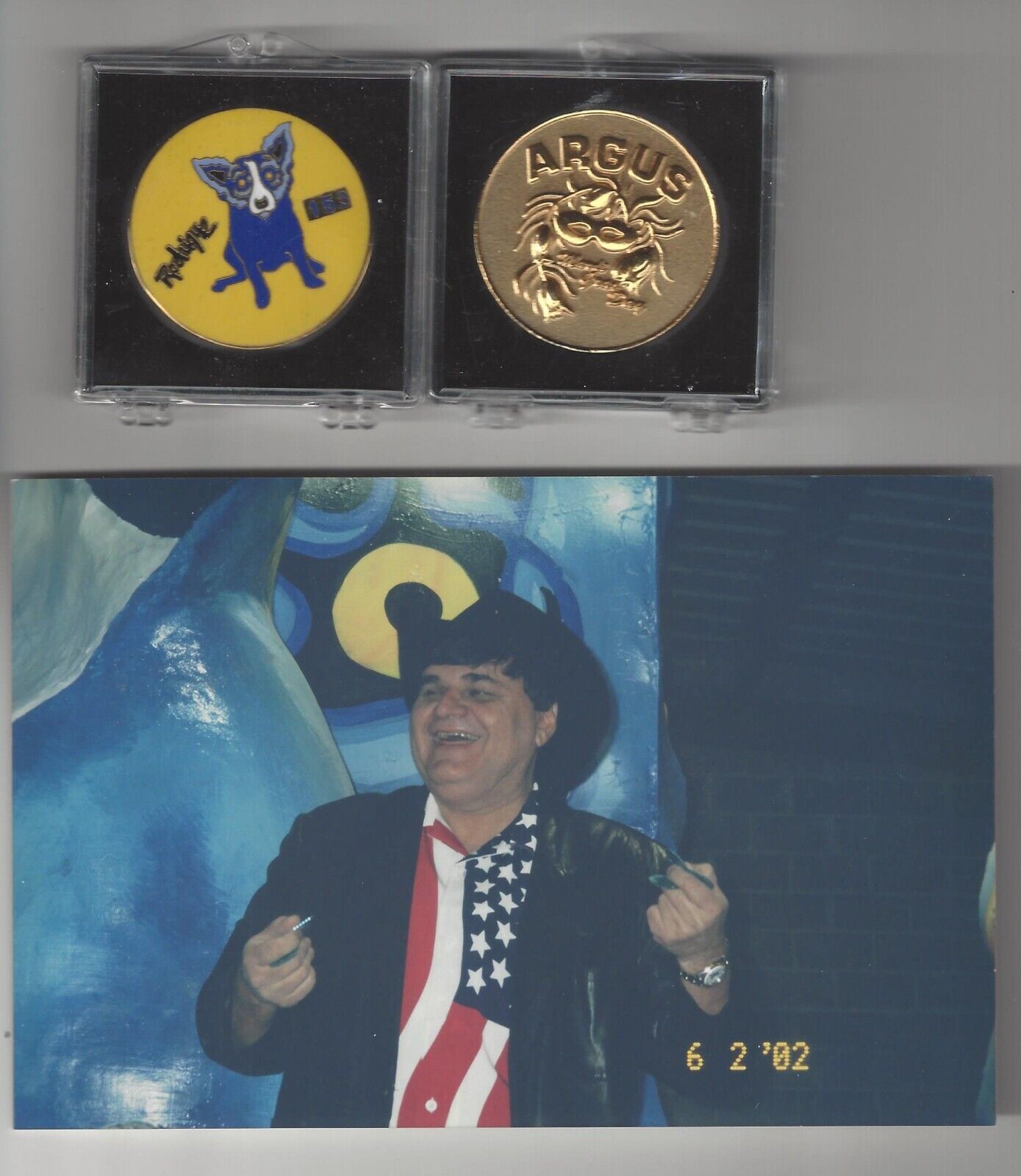 KREWE OF ARGUS RARE GEORGE RODRIQUE BLUE DOG MULTI COLOR YELLOW 2002 DOUBLOON 