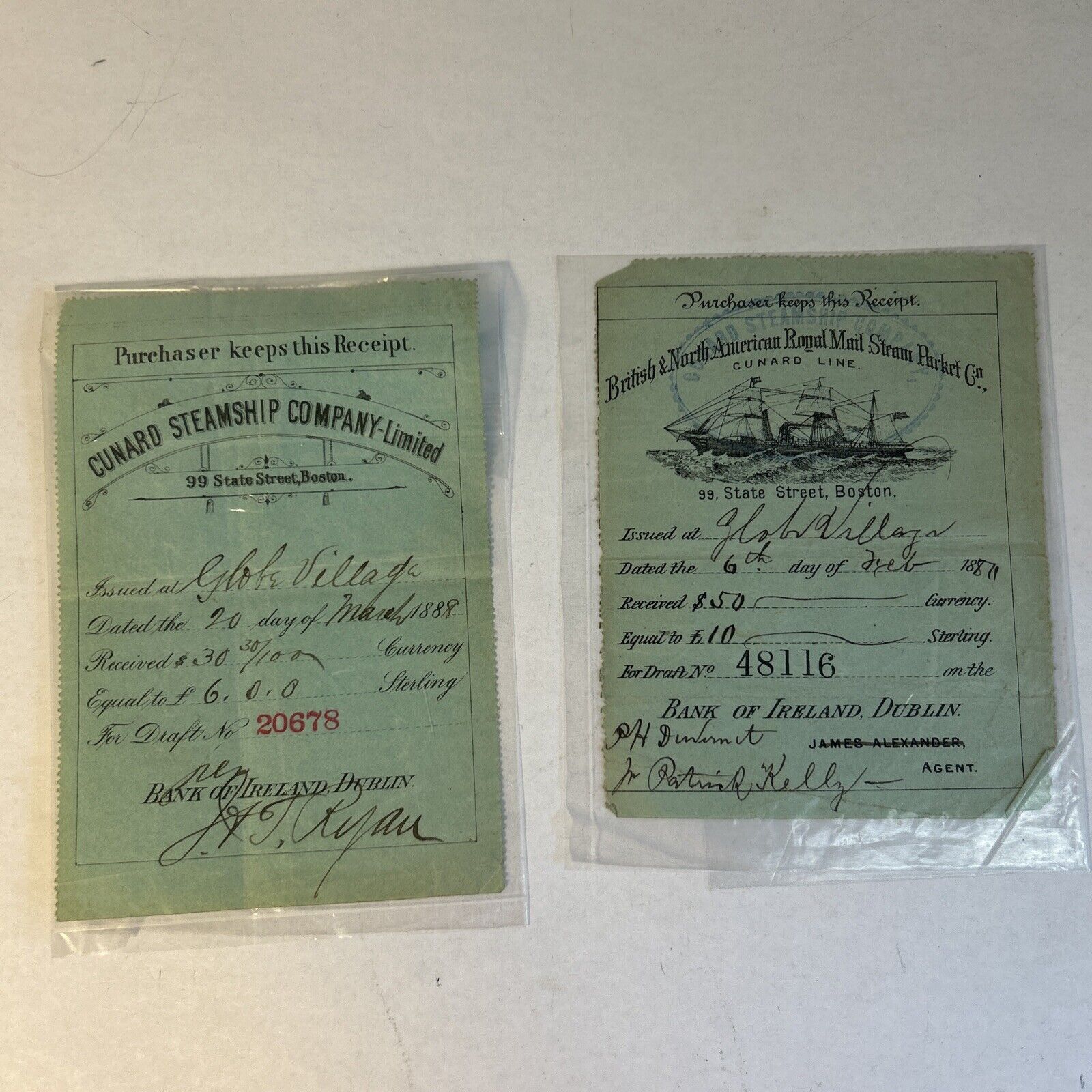 1887 & 1888 ANTIQUE CUNARD LINE RECEIPT FOR FOREIGN MONEY ORDER