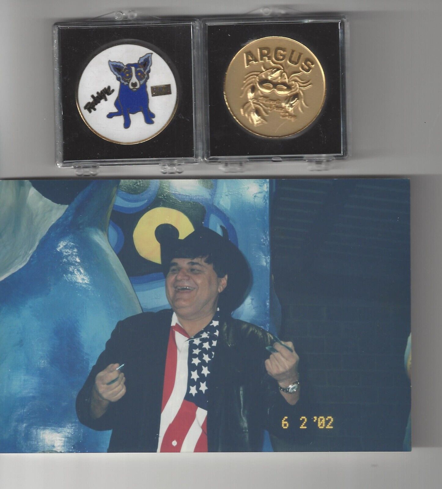 KREWE OF ARGUS RARE GEORGE RODRIQUE BLUE DOG MULTI COLOR WHITE 2003 DOUBLOON 