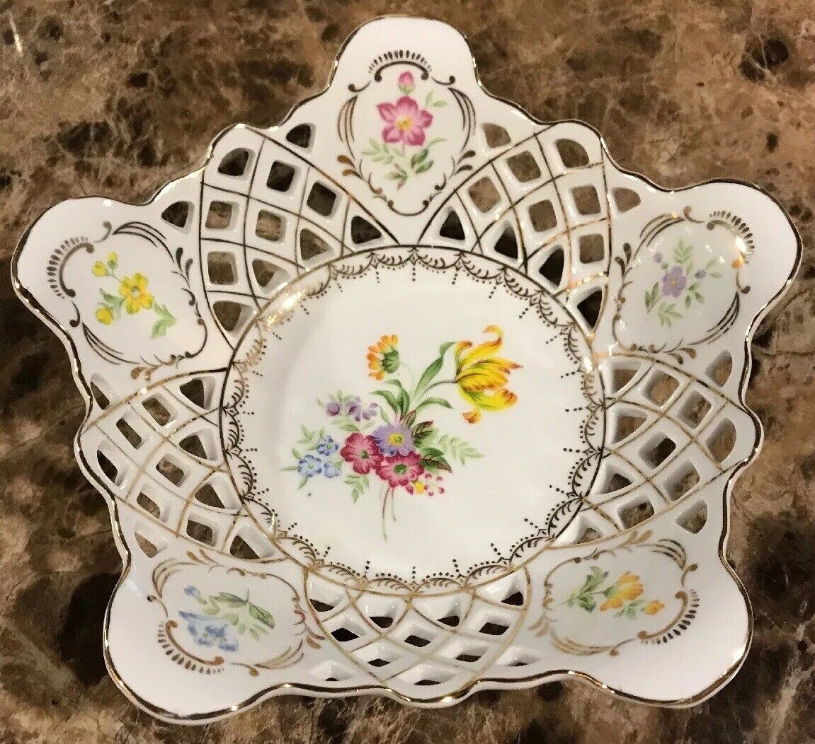 Vintage Porcelain Reticulated Bowl Dish Florals Gold accents White China unmarkd