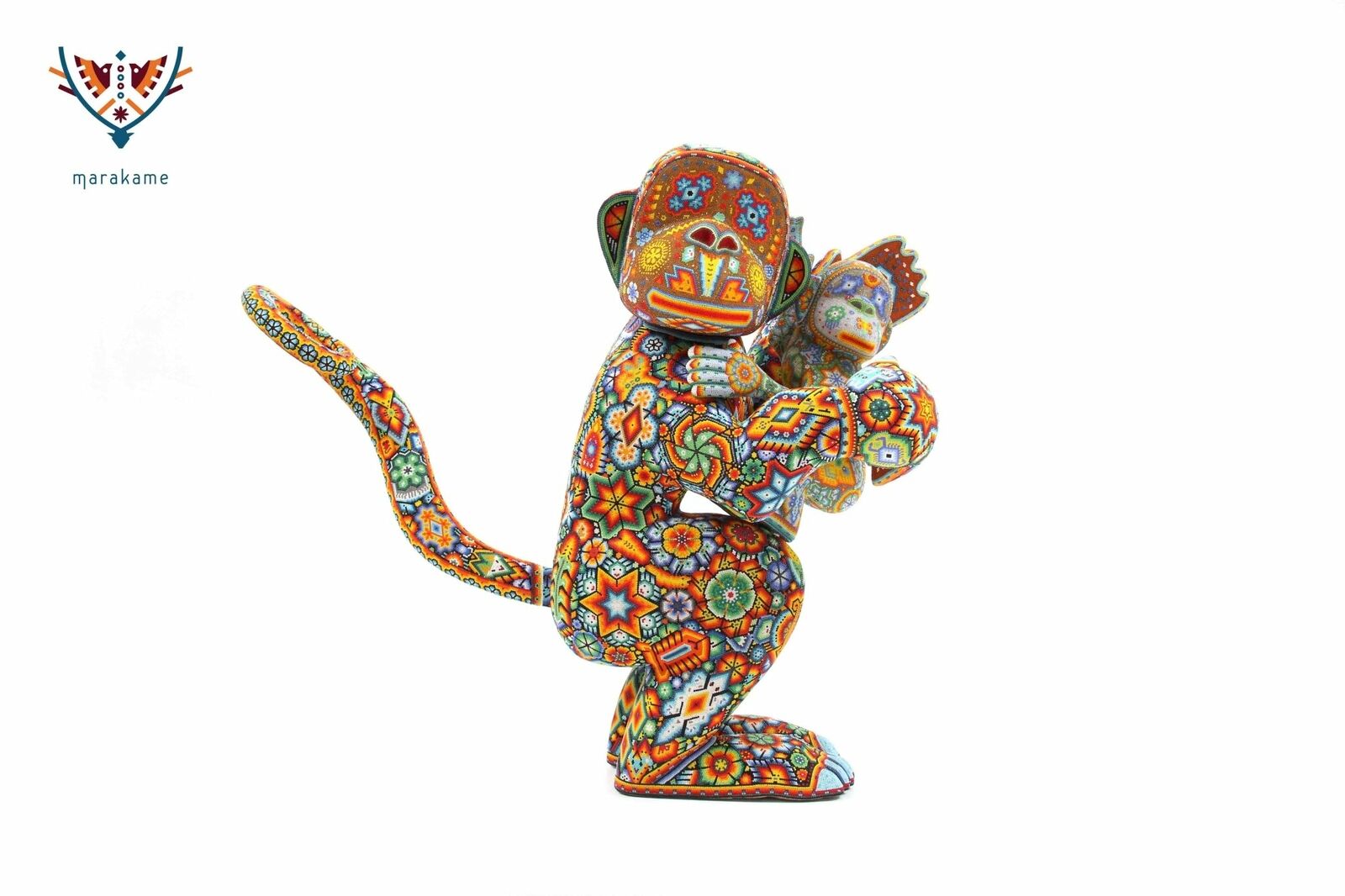 Huichol Art Sculpture Monkey n baby Yurienaka 25 in. Micro crystal beads on wood