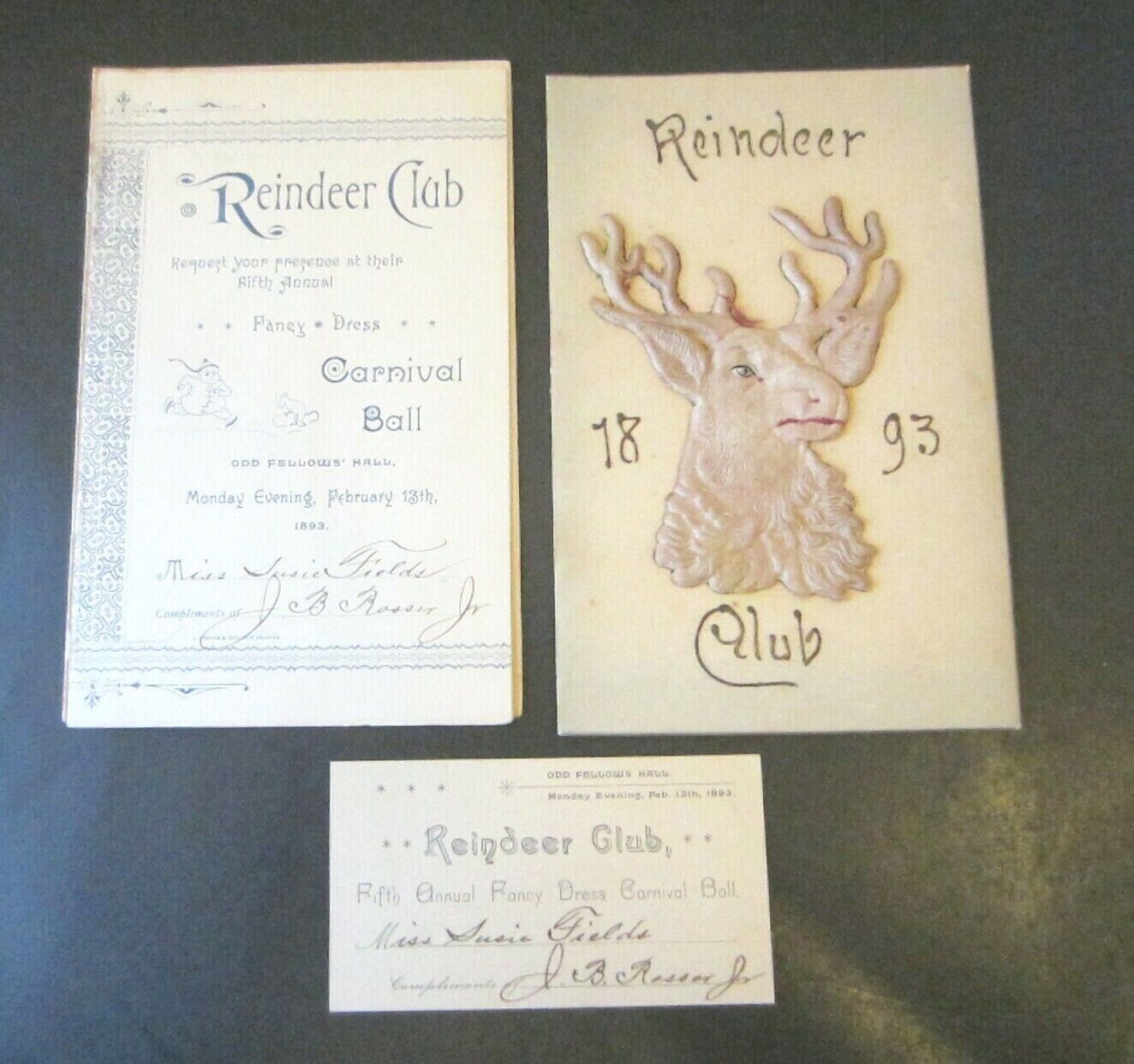 Lot Reindeer Club 1893 Mardi Gras Ball Card- Invitation & Admit Card New Orleans