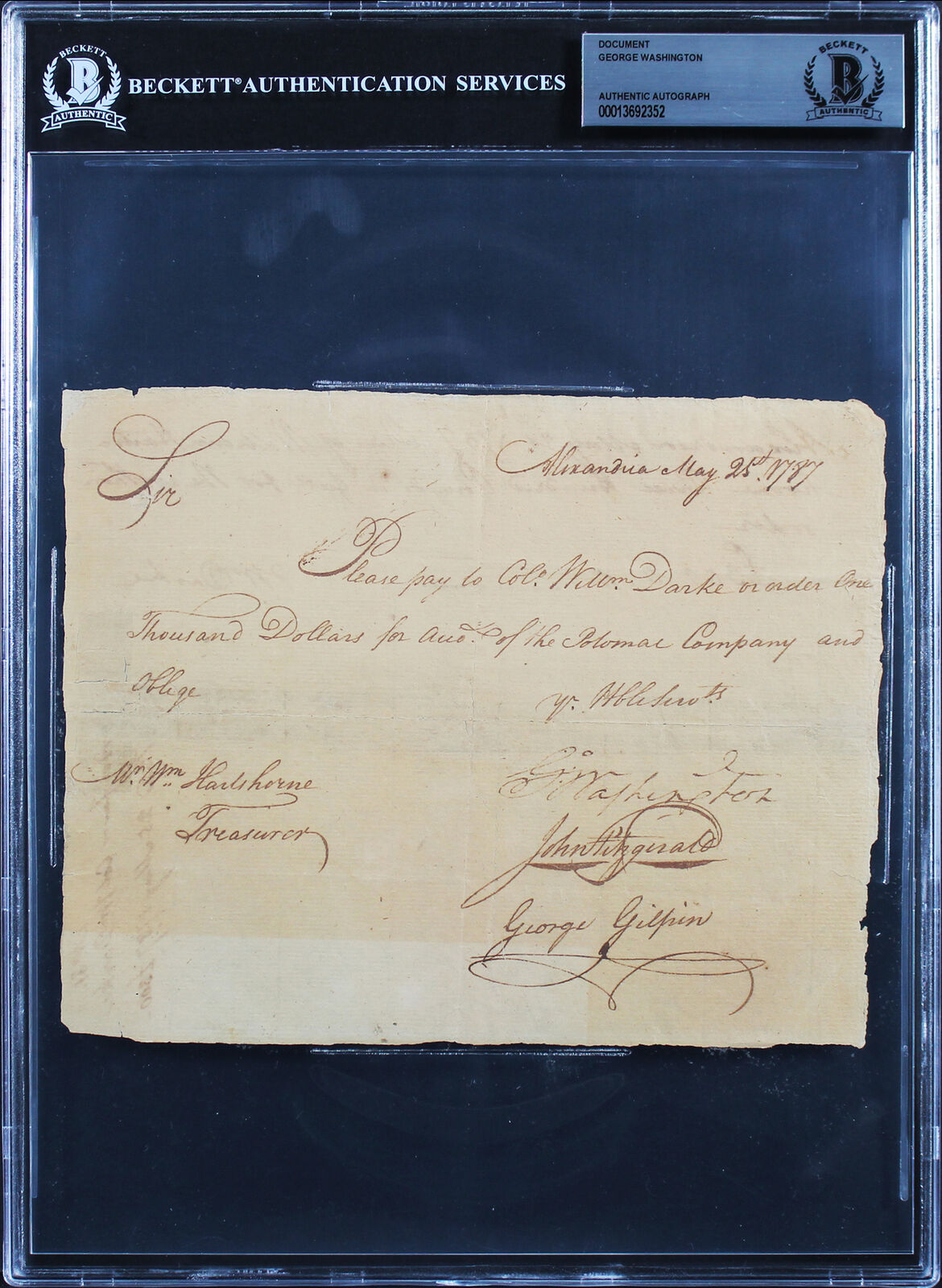 George Washington Signed 6x7.5 1787  Potomac Company Pay Order BAS Slabbed