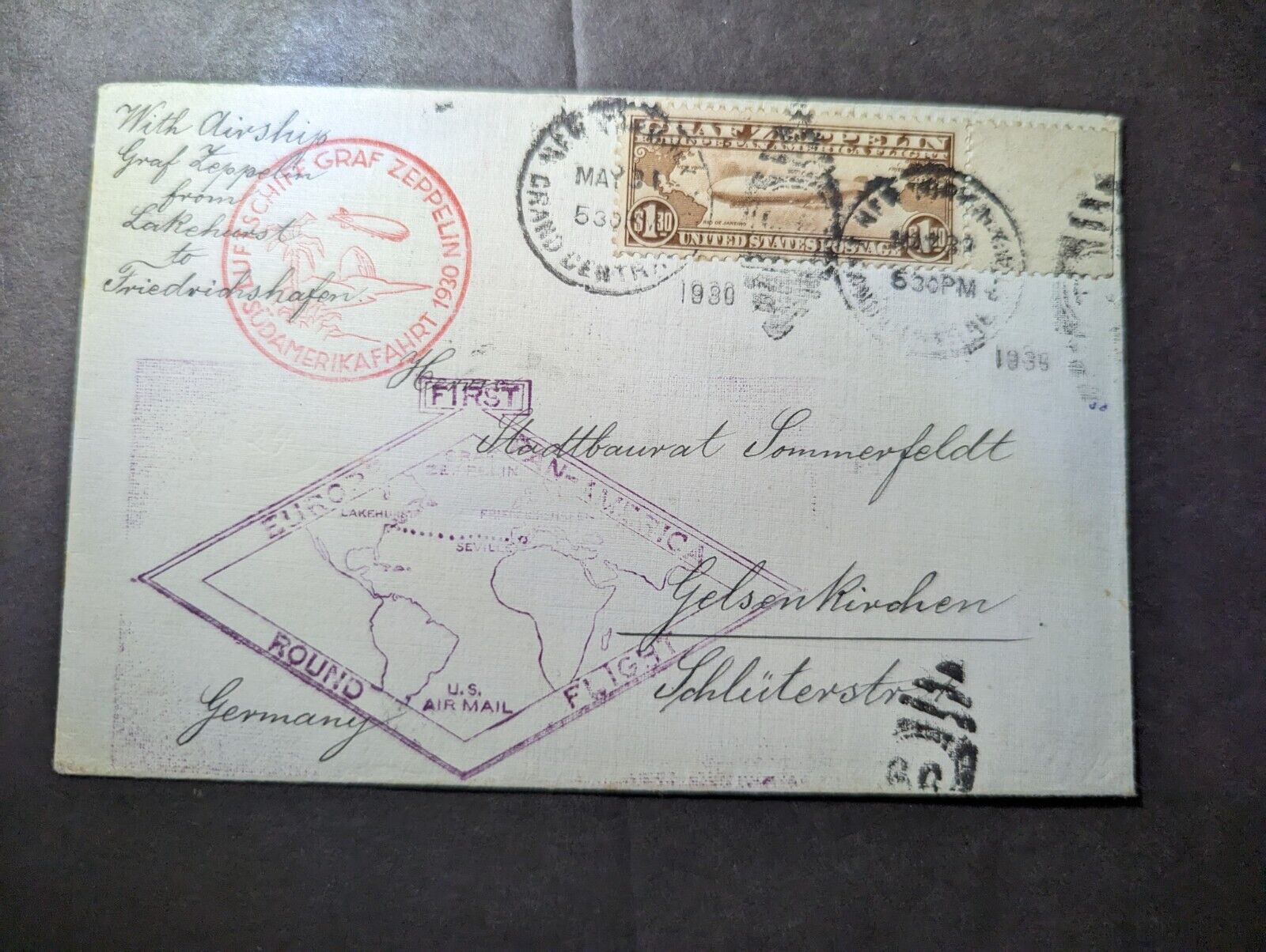 1930 USA LZ 127 Graf Zeppelin Airmail Cover FFC to Gelsenkirchen Germany #C14