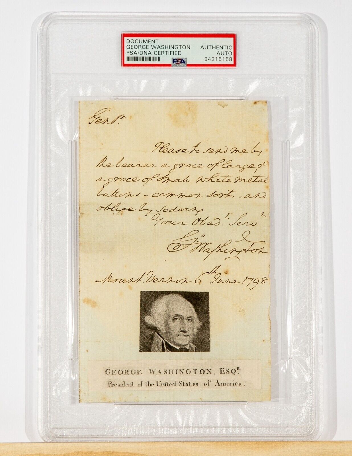 George Washington Handwritten Letter from Mount Vernon (1798)(PSA Encapsulated)