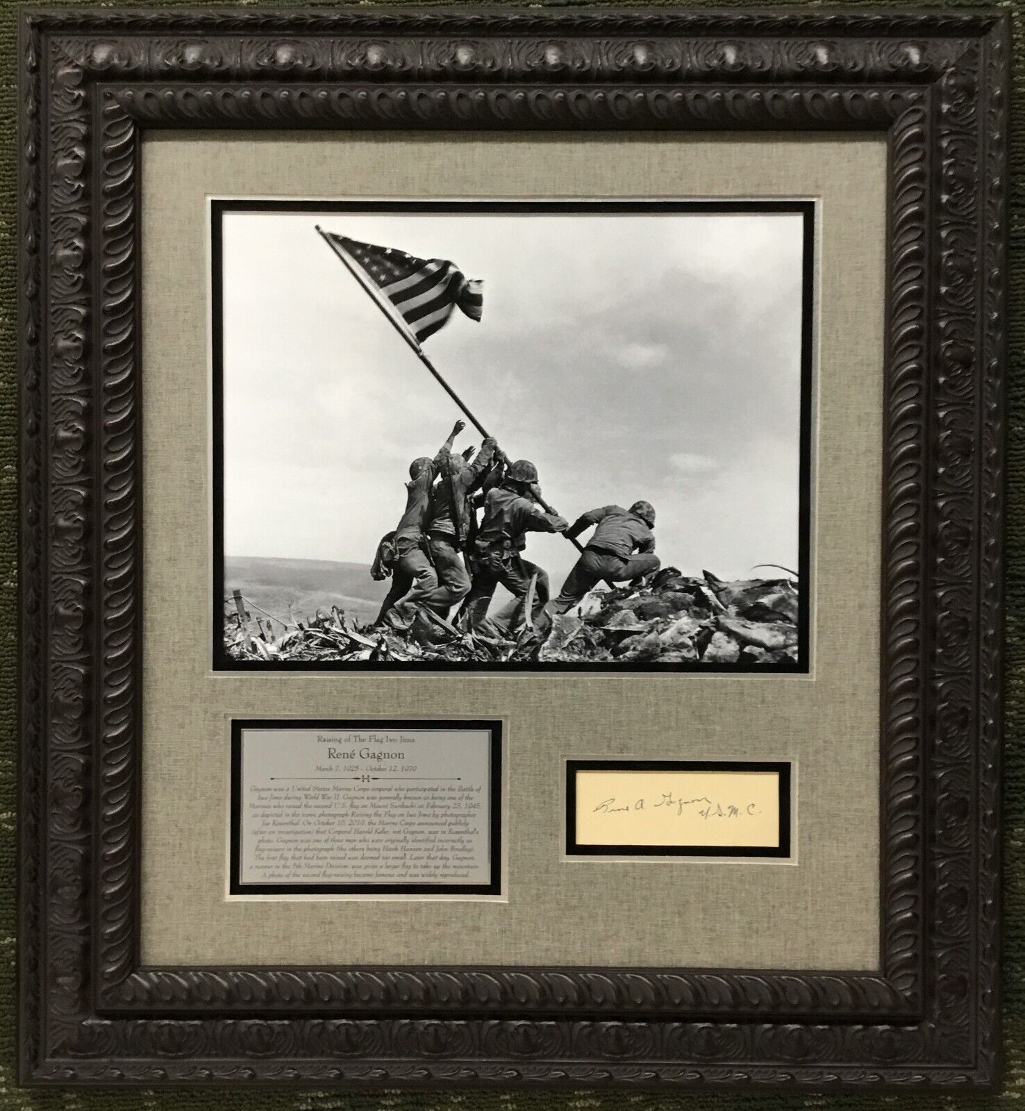 RARE-Rene Gagnon (Iwo Jima Flag Raiser) signed custom framed display-PSA