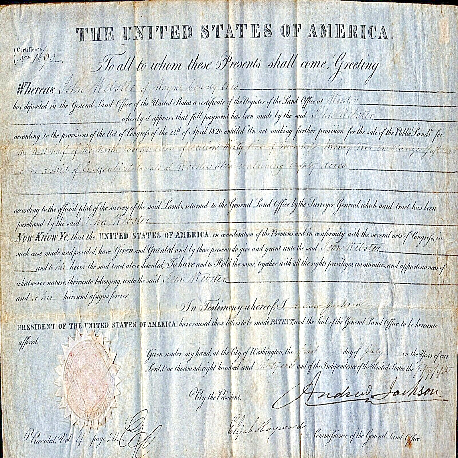 1831 OHIO LAND GRANT SIGNED PRESIDENT ANDREW JACKSON MANUSCRIPT VELLUM AUTOGRAPH