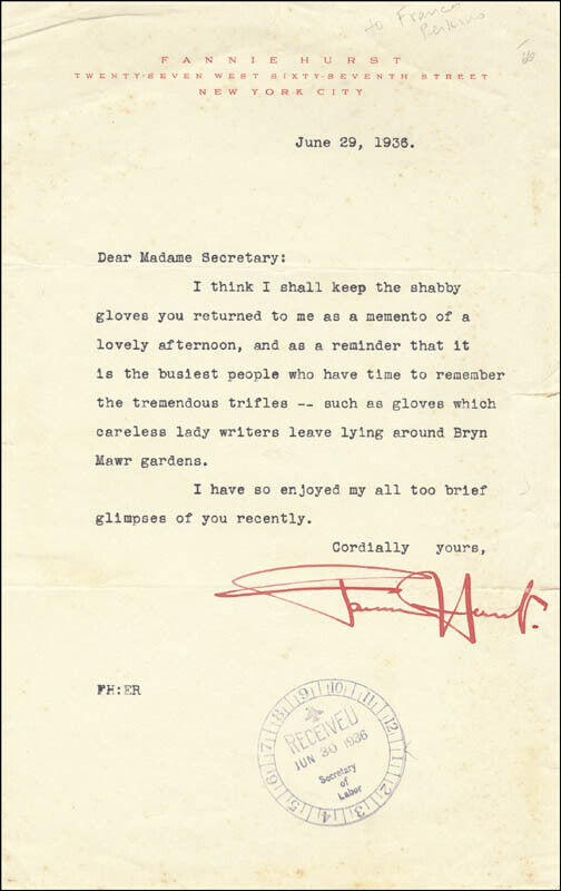 FANNIE HURST - TYPED LETTER SIGNED 06/29/1936