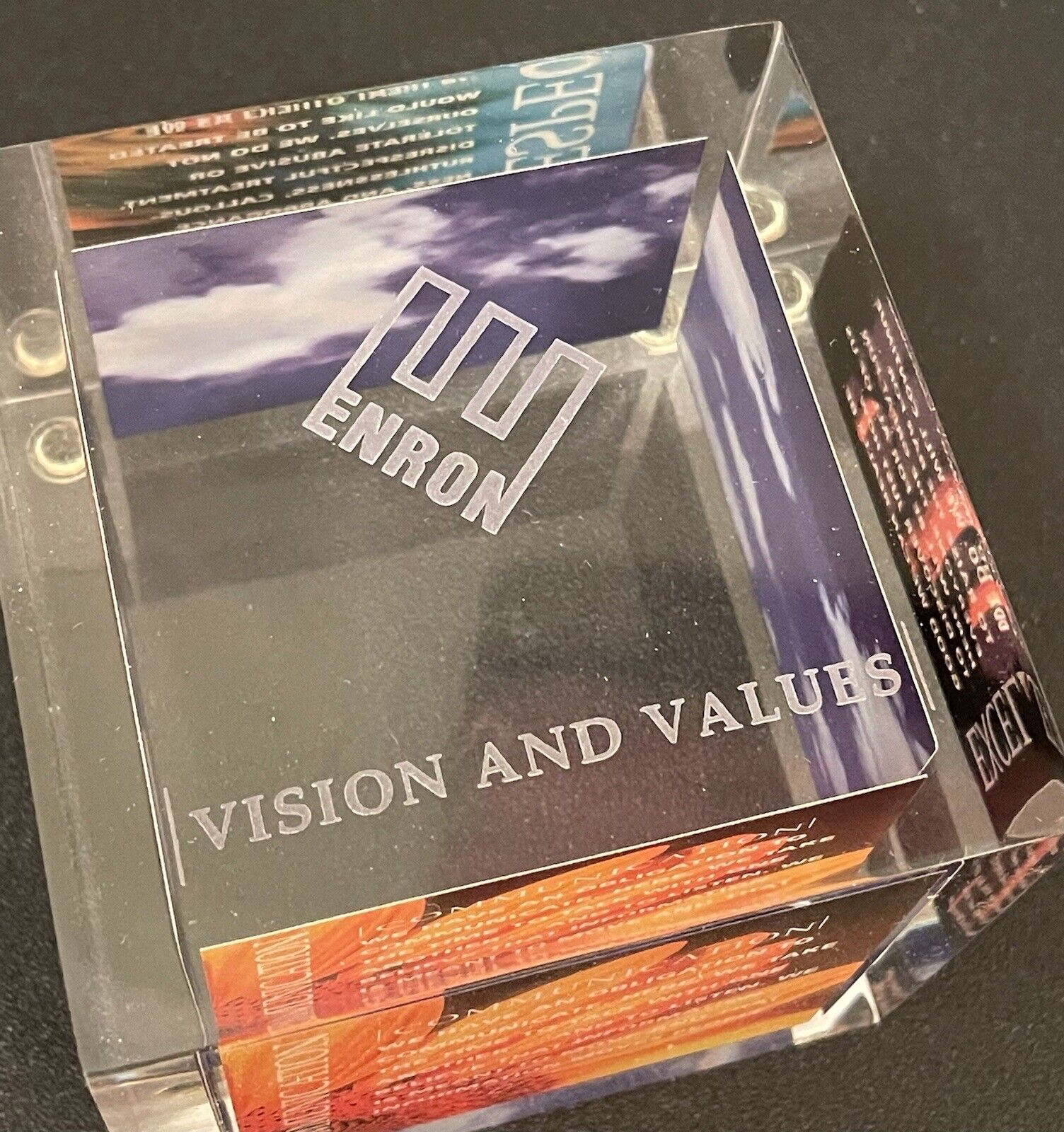ENRON Vision & Values Large Acrylic Cube, NEW & Never Removed from Box  RARE