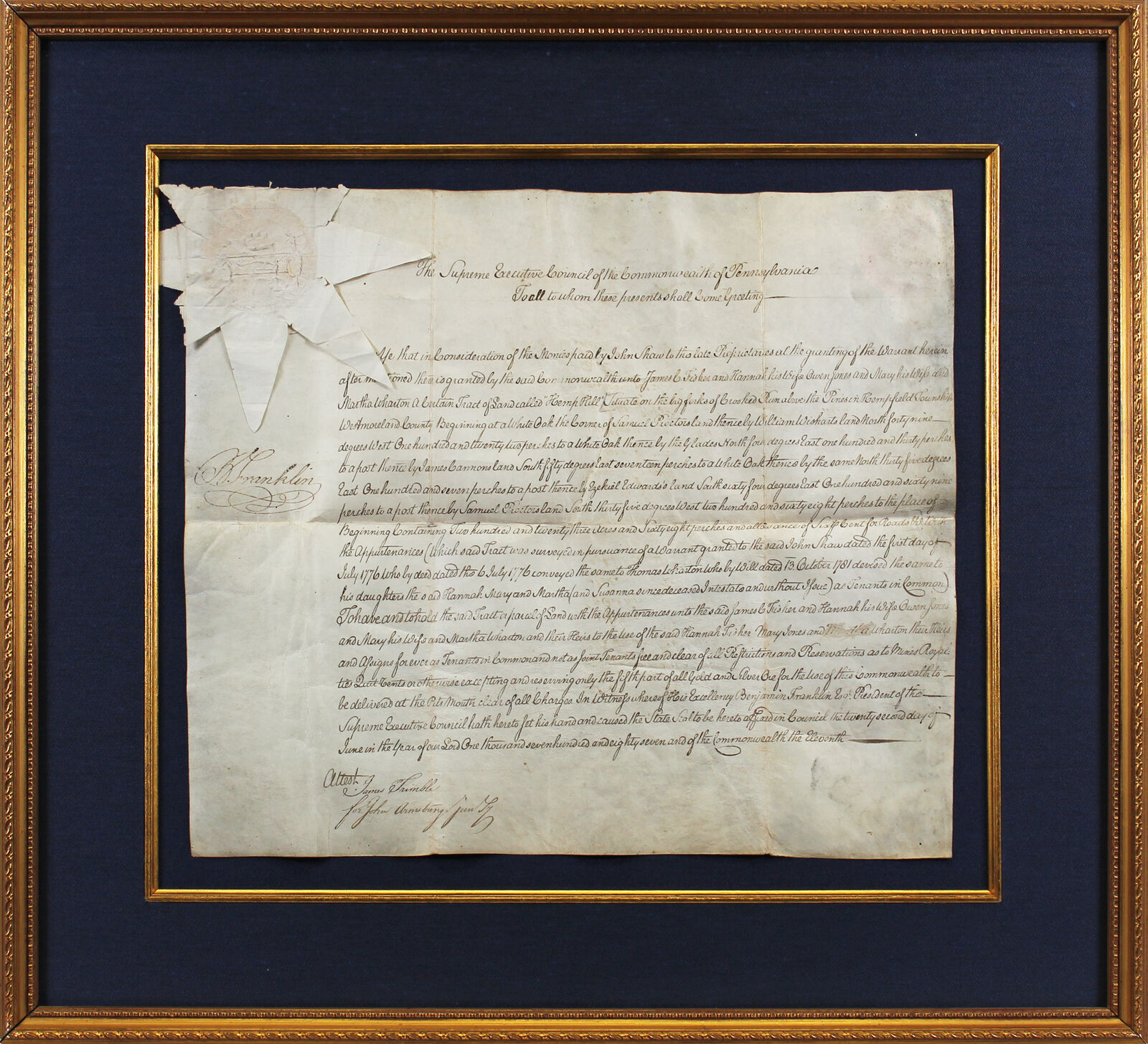 Benjamin Franklin Signed & Framed 13.25x15.25 1787 Land Grant BAS #AB76861