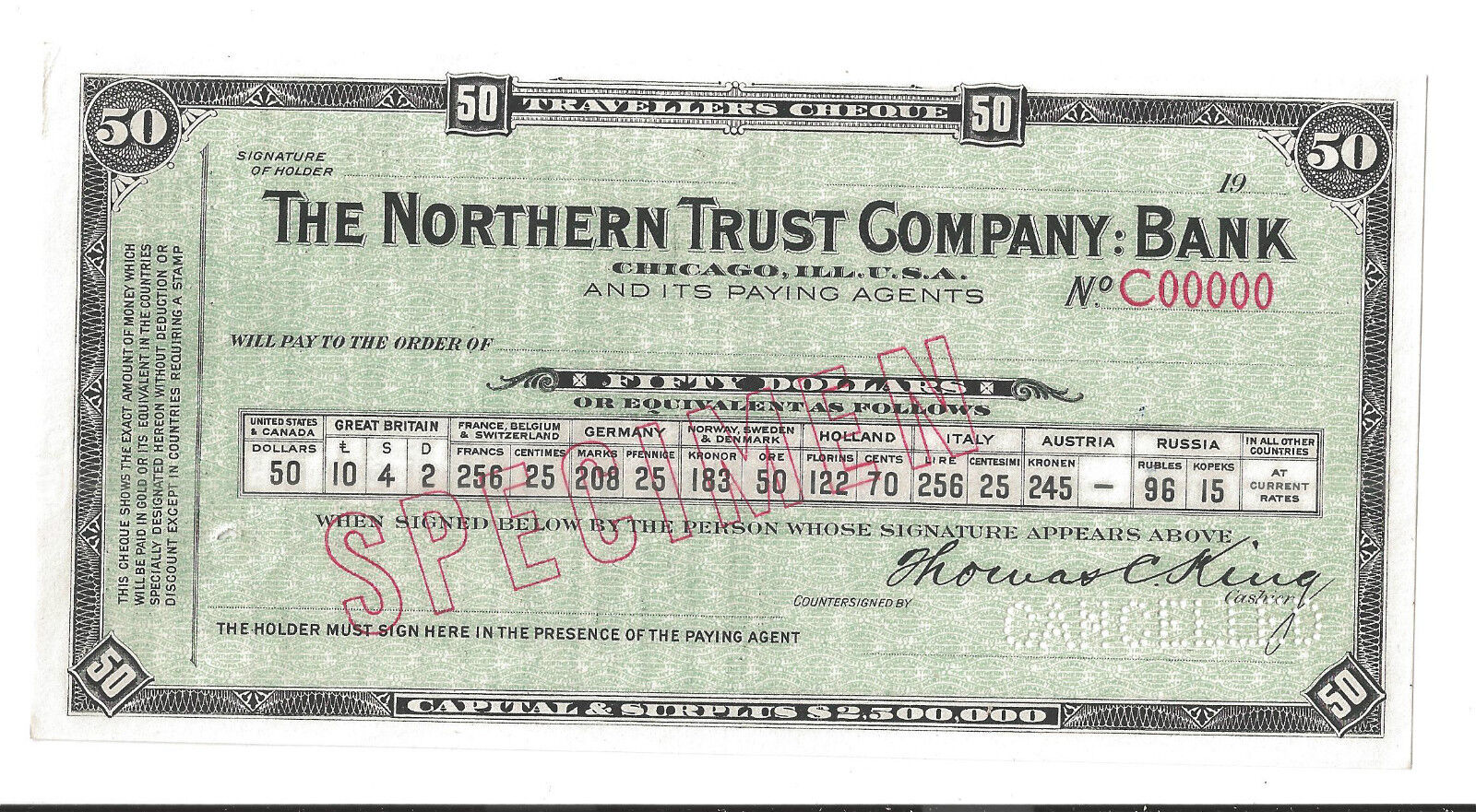  1910 travellers cheque The Northern Trust Bank CHICAGO $50 GOLD MONEY Specimen