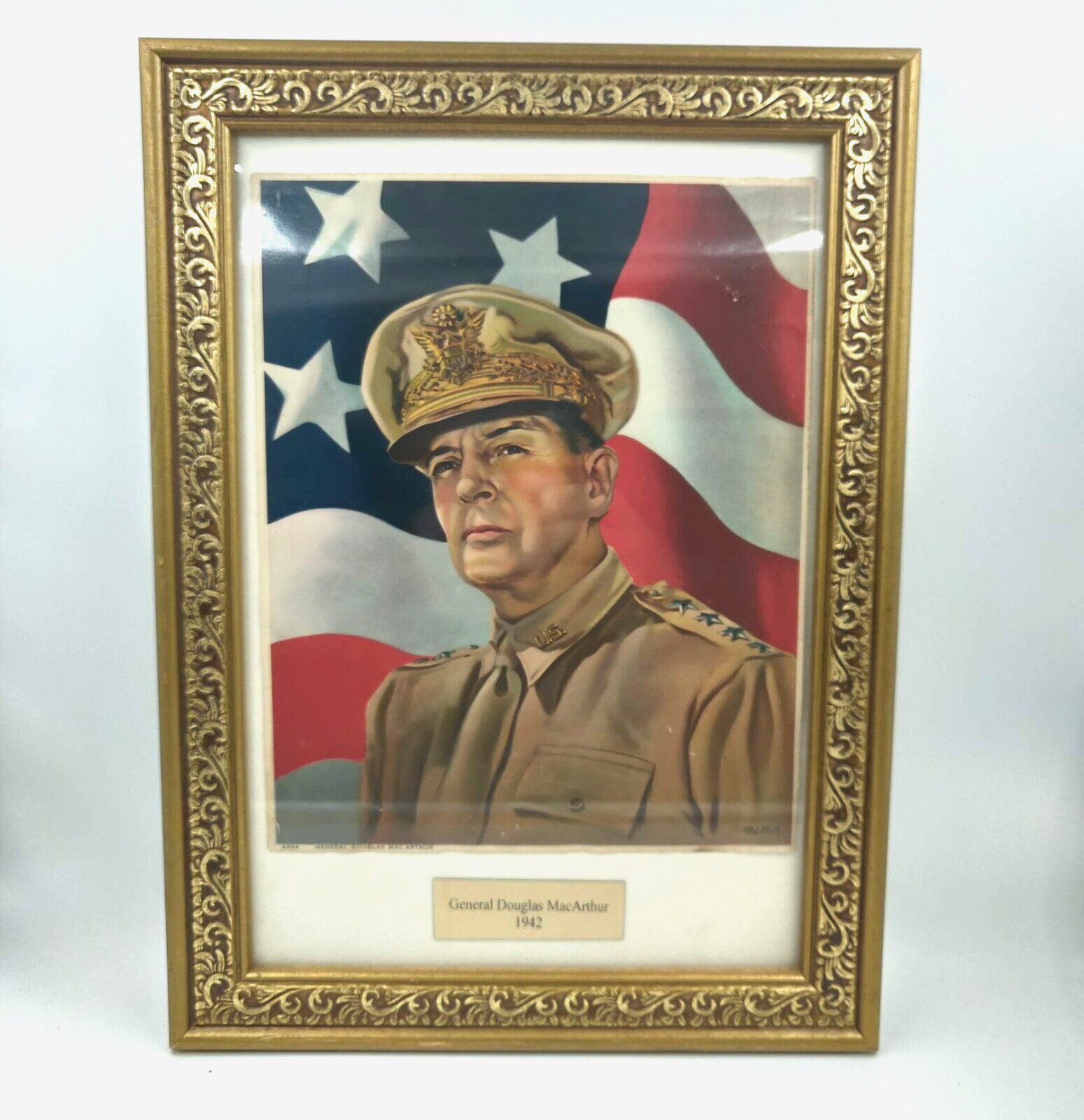 Vintage 1942 General Douglas MacArthur Color Litho Artist Copr. C. Moss Framed