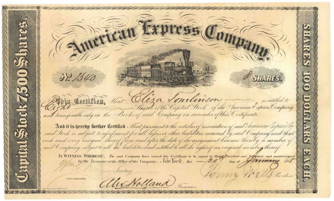 American Express Co. signed by H. Wells & W.G. Fargo dated 1854 - Autographed St