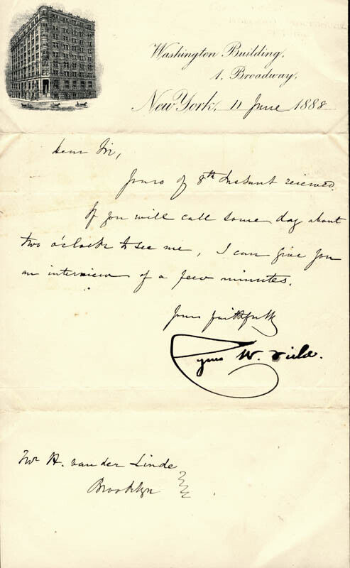 CYRUS W. FIELD - MANUSCRIPT LETTER SIGNED 06/11/1888