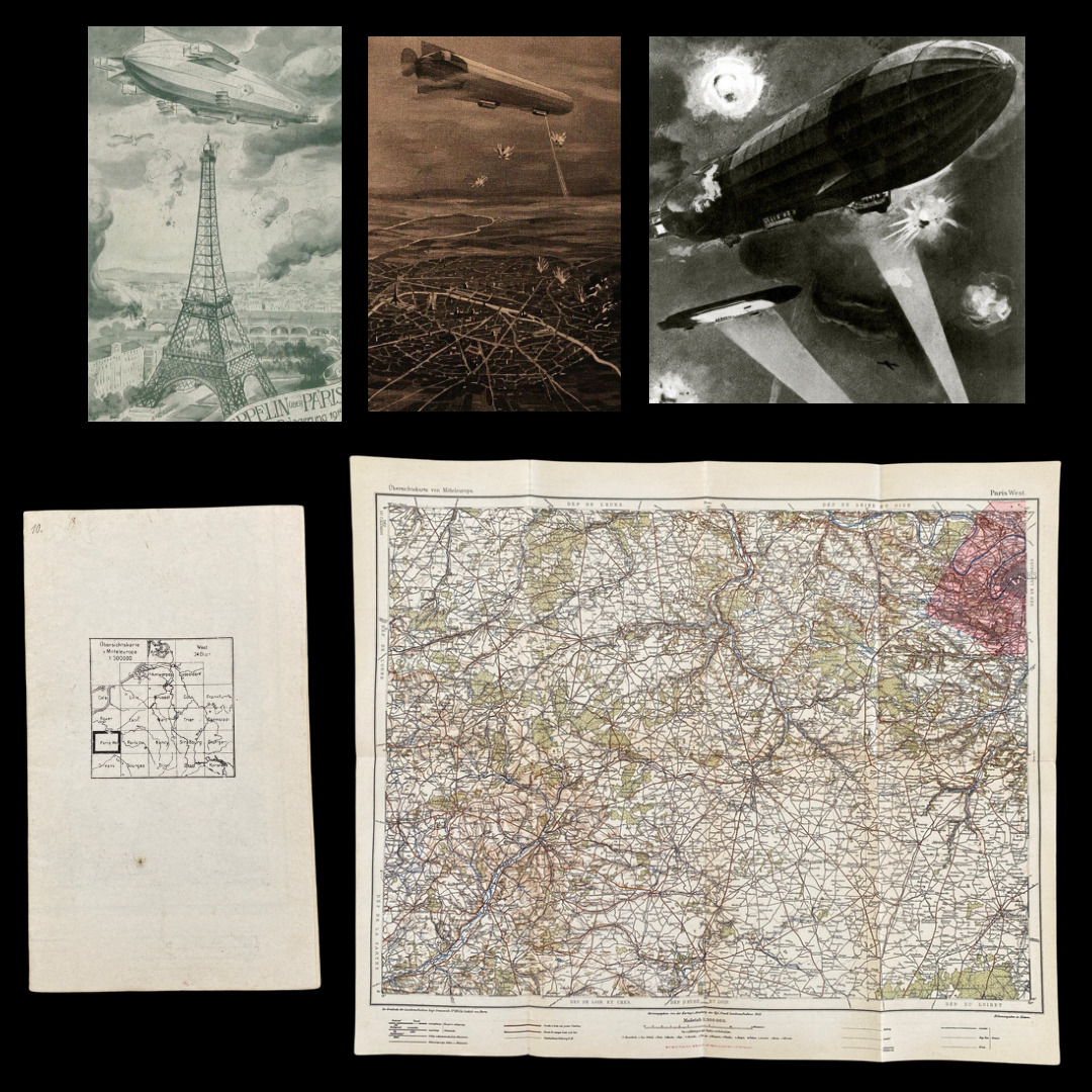 VERY RARE WWI German Zeppelin Corps Paris West France Airship Aerial Raid Map