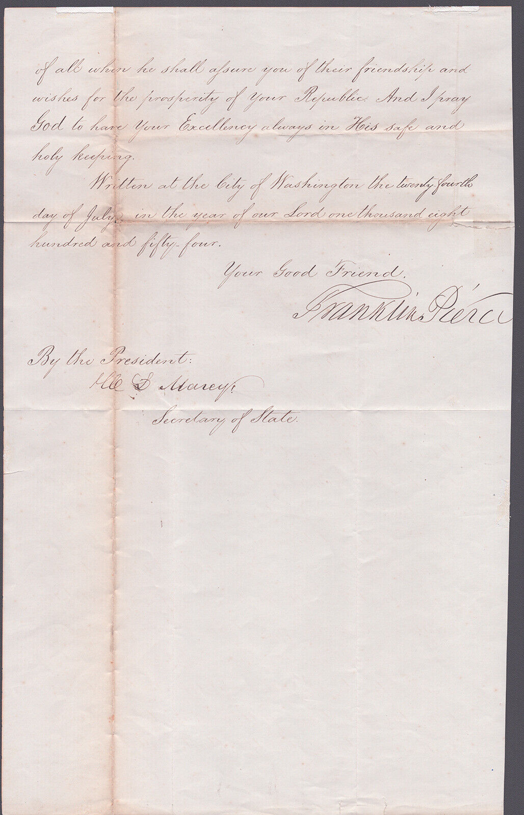 FRANKLIN PIERCE - MANUSCRIPT LETTER SIGNED 07/24/1854 WITH CO-SIGNERS