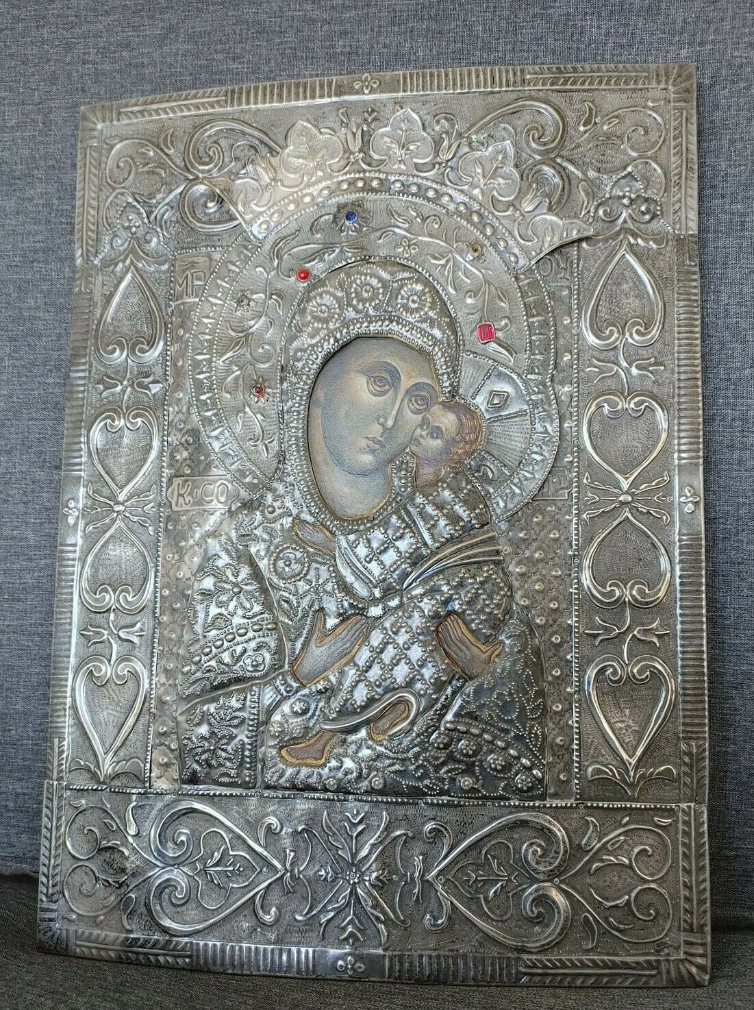 X LARGE ANTIQUE JEWELED RUSSIAN STYLE GREEK 900 SILVER ICON RIZZA 40 X 30 CM 