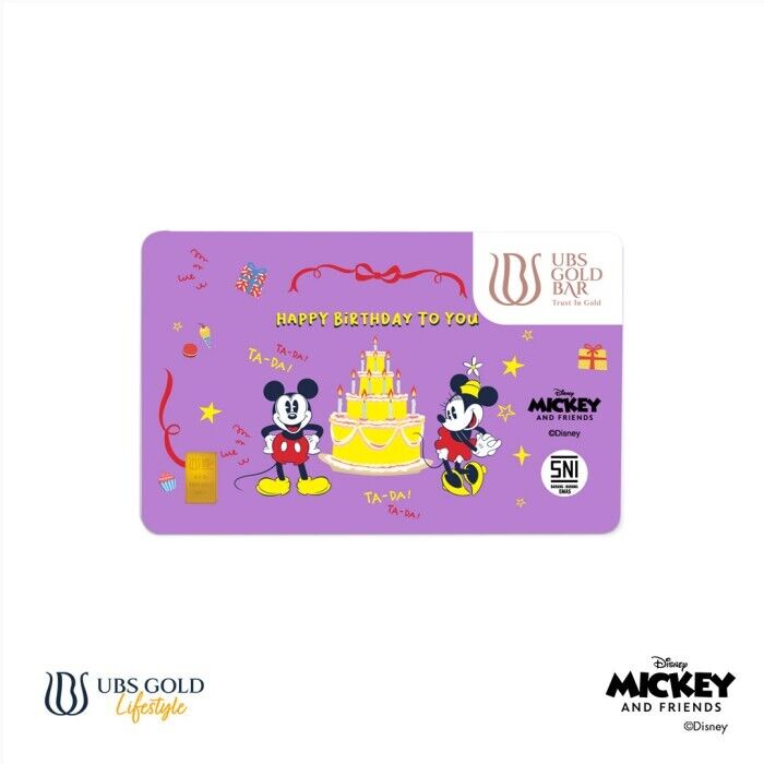Mickey & Minnie Mouse Solid Gold 24K 0.1 Gr Happy Birthday Gift Card Disney