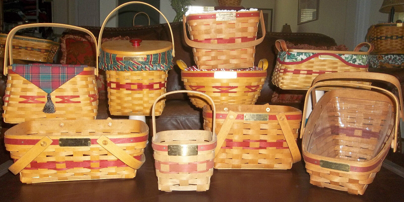 LONGABERGER  LOT 10  RED RARE CHRISTMAS COLLECTION  BASKETS Some LINERS PRO LIDS