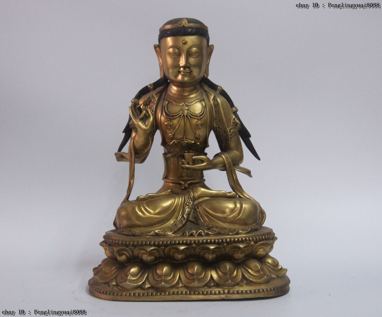 Tibetan Copper 24K Gold Holy Water Grail Cup Kwan-yin Guanyin Bodhisattva Statue