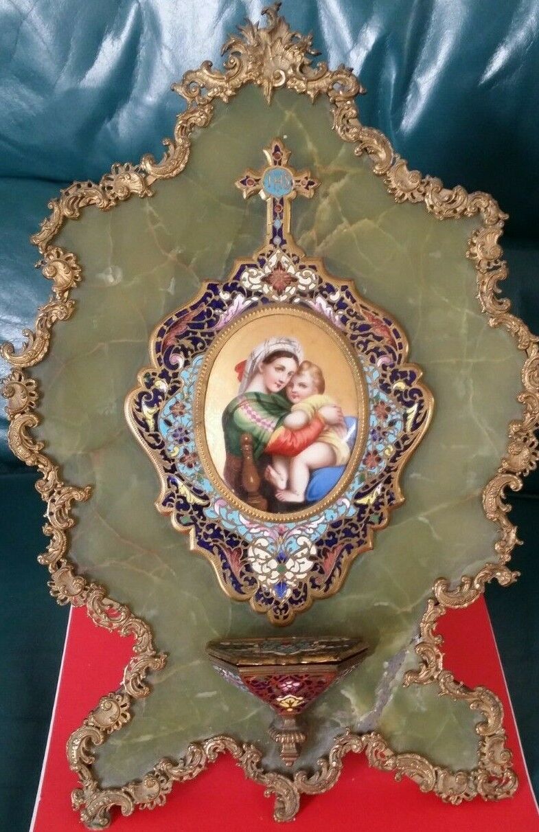 Divine 1800's Green Onyx Clossineau Madonna  hand painted holy water font