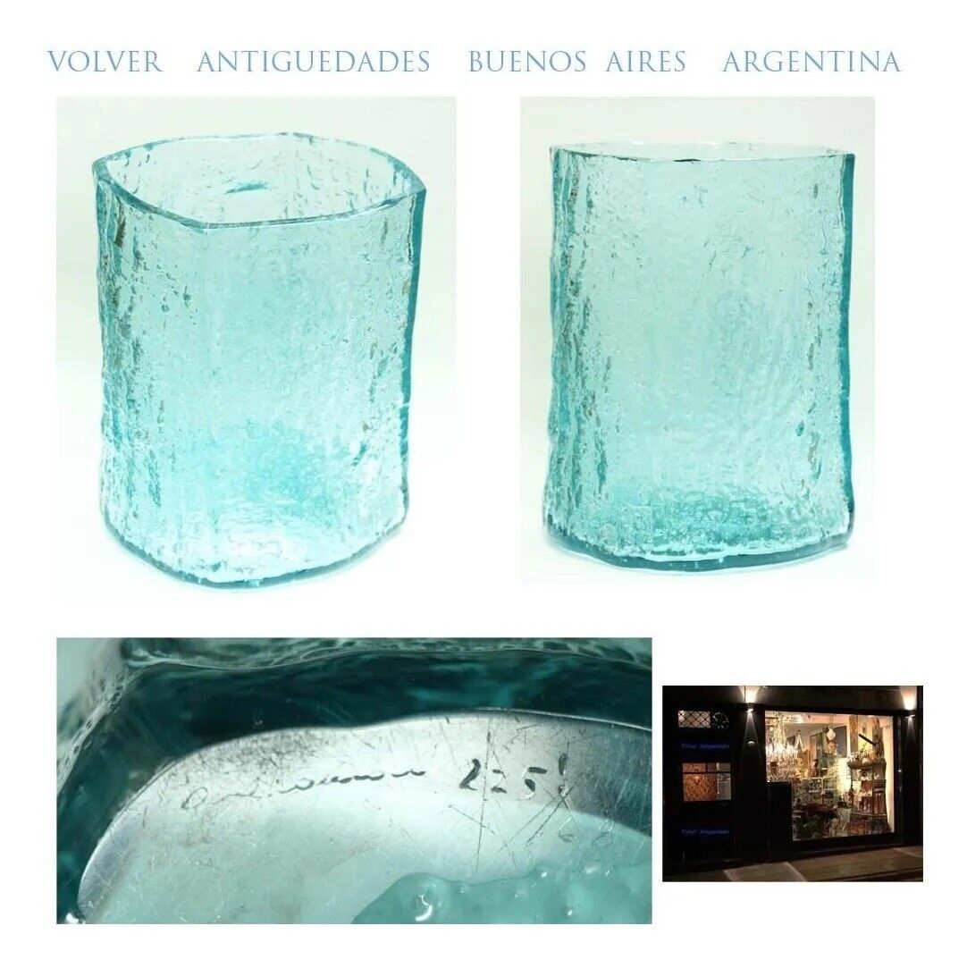 Vintage argentine pair Querandi baby blue glass vases irregular tree trunk shape