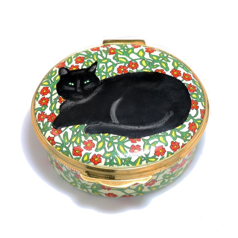 Crummles English Enamel Black Cat Amongst Poppies Oval Trinket Box