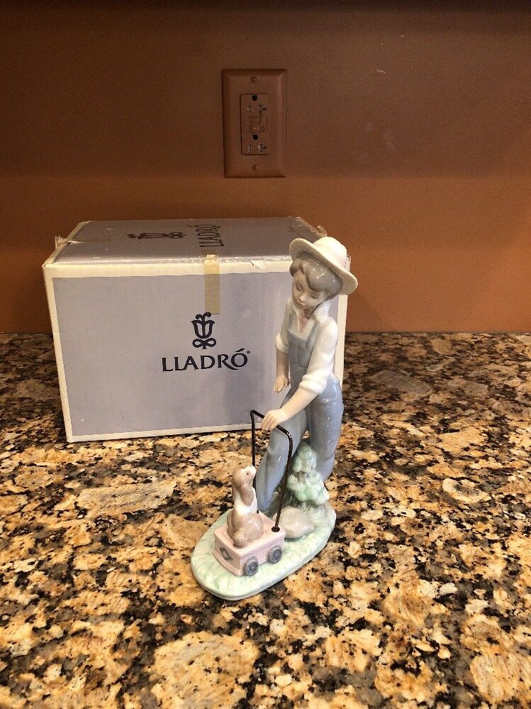 Lladro 6021 “ Saturday’s Child “ Boy Dog Wagon Porcelain Figurine