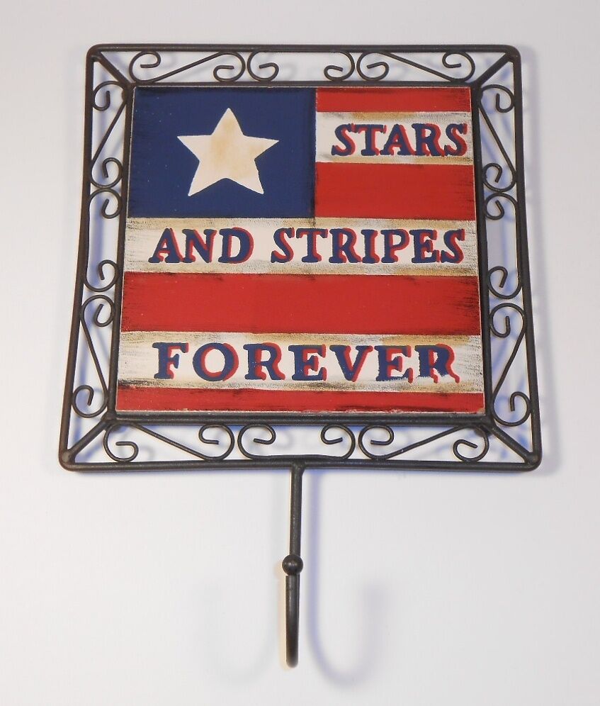 Patriotic American Flag Plaque Wall Hook Stars & Stripes Red White & Blue Sign