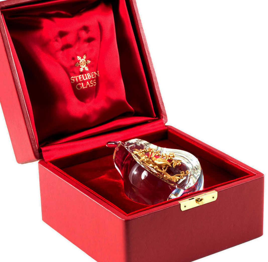 NEW in RED BOX STEUBEN Glass 18k GOLD PARTRIDGE PEAR TREE ornament heart love