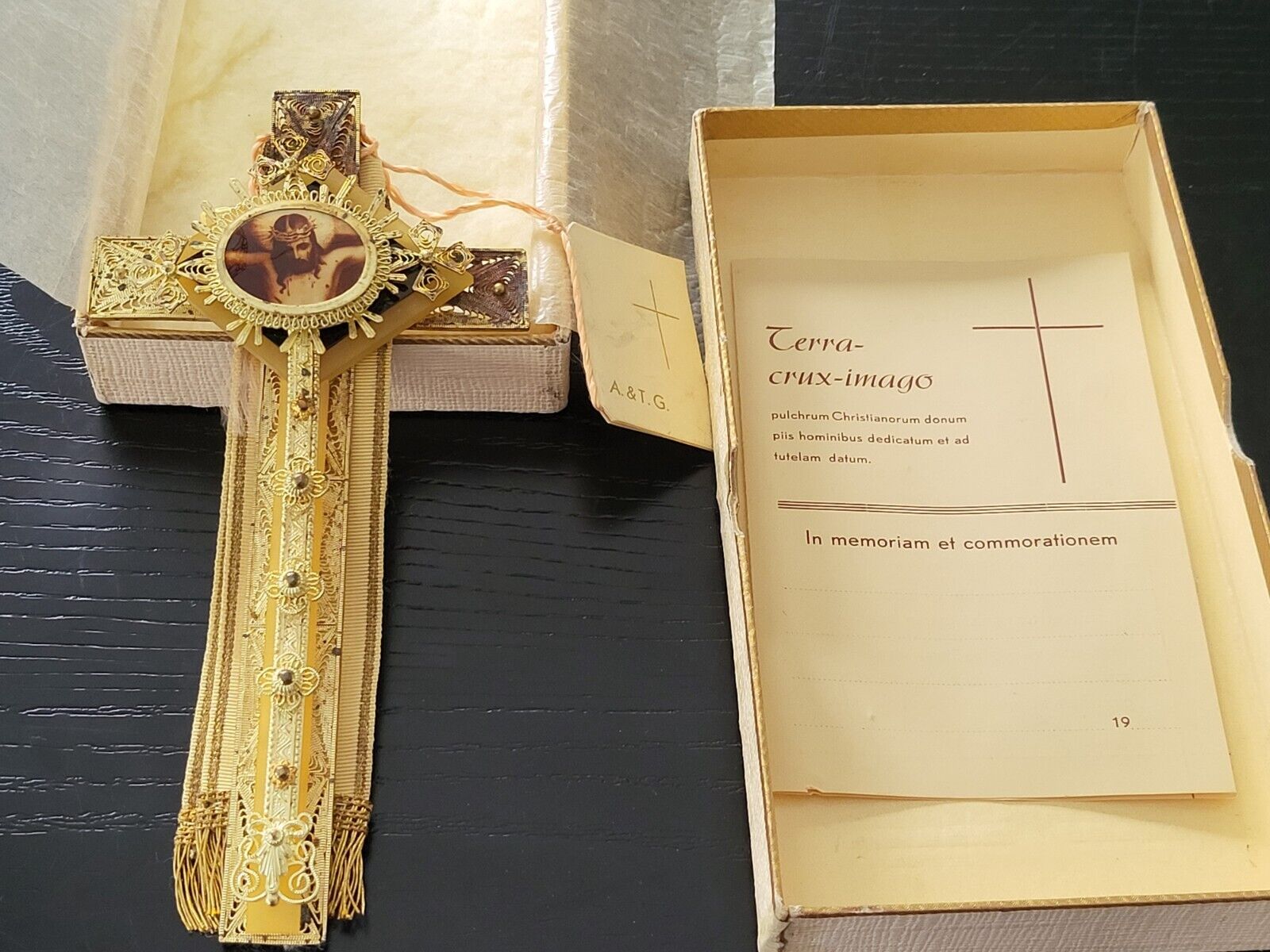 Old filigree relic cross with the holy soil from Jerusalem with papers 1929