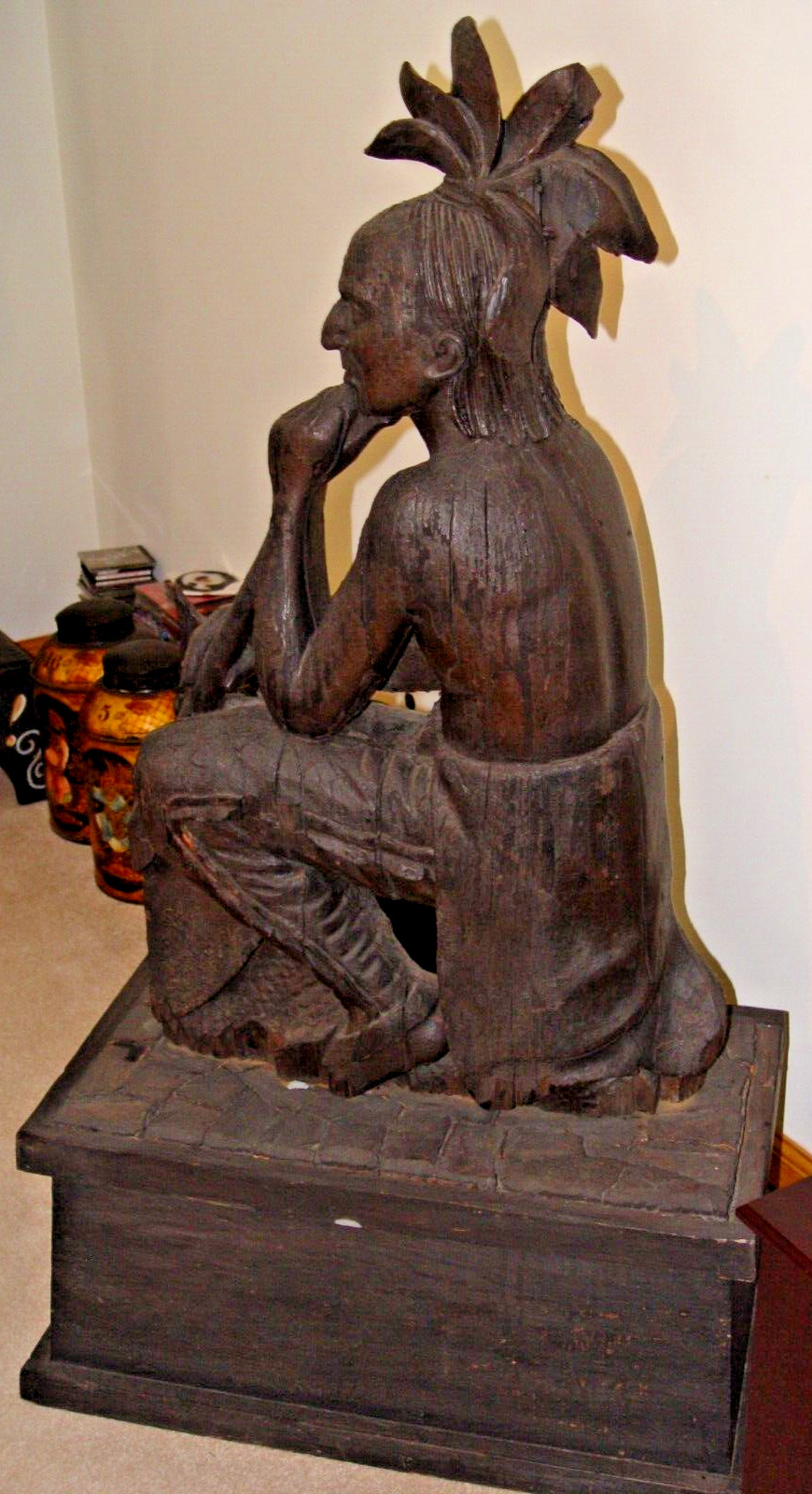 ANTIQUE CA. 1870 CIGAR STORE INDIAN TRADE SIGN DISPLAY FIGURE, RARE SITTING FORM