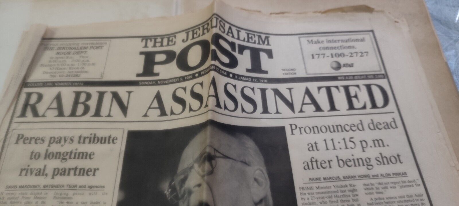 Yitzhak Rabin Assassination Newspaper jerusalem post +  funeral and burial 1996
